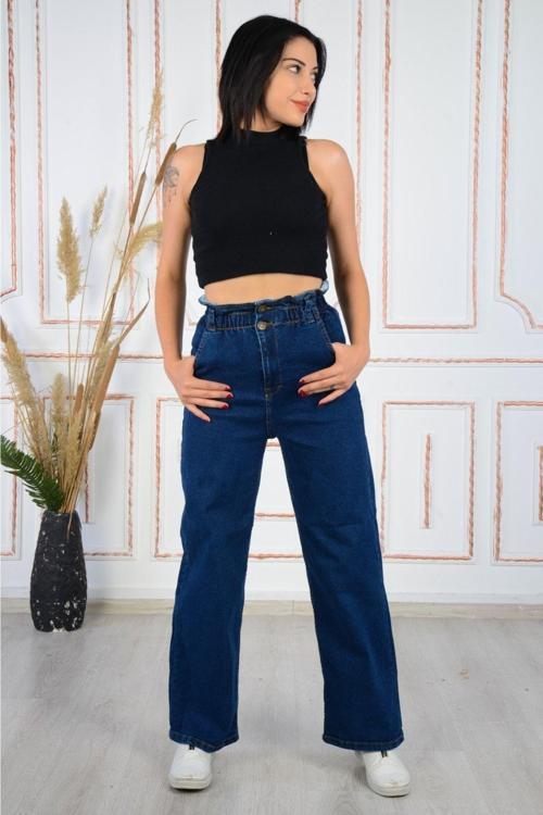 Kadın Beli Lastikli Mom Jean Pantolon Bol Paça