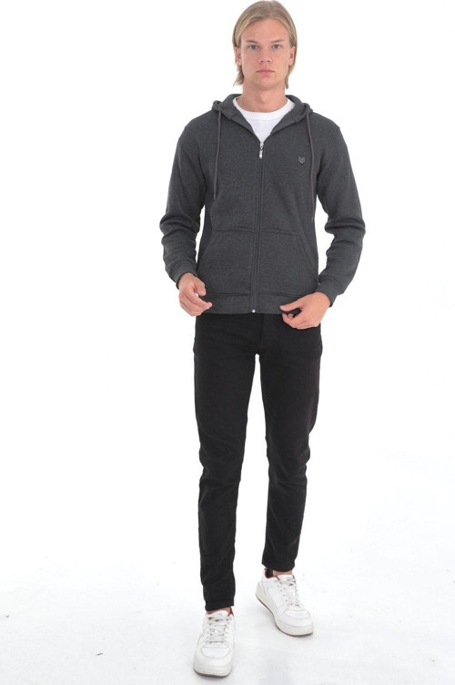Erkek Siyah Kapşonlu Yaka Şardonlu 2 Iplik Fermuarlı Sweatshirt