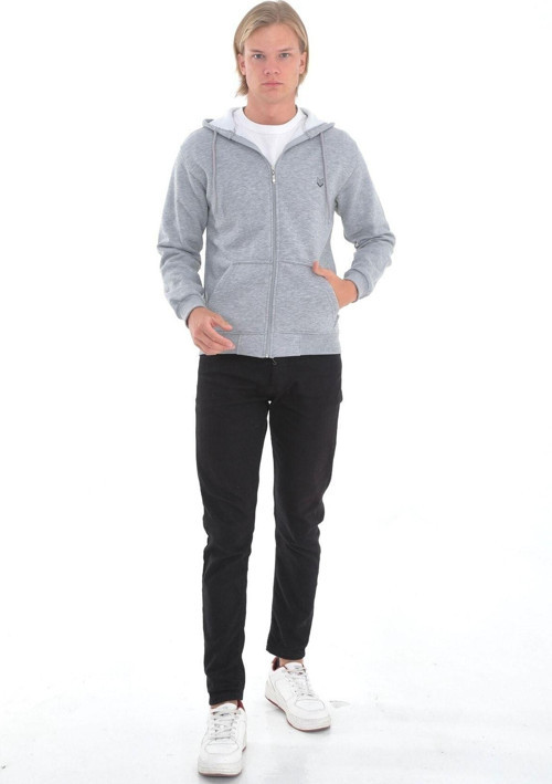 Erkek Siyah Kapşonlu Yaka Şardonlu 2 Iplik Fermuarlı Sweatshirt