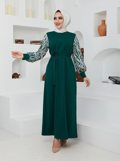 Kolları Zebra Desen Krep Kumaş Elbise