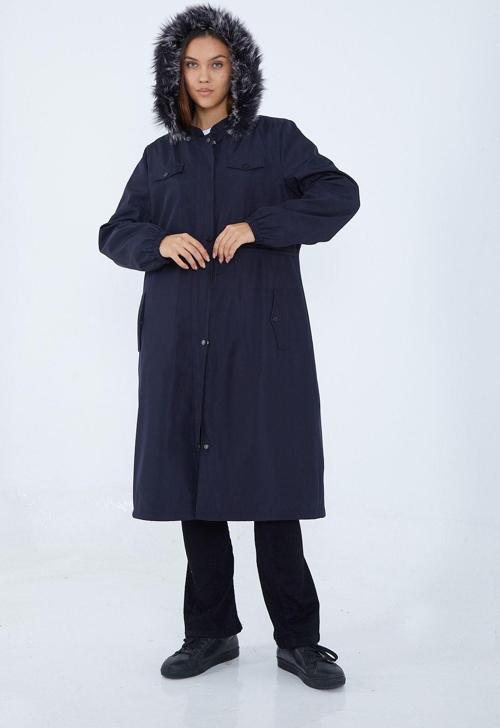 Büyük Beden Battal Bondik Kadın Içi Bele Kadar Kürklü Su Geçirmez Belden Sıkmalı Mont