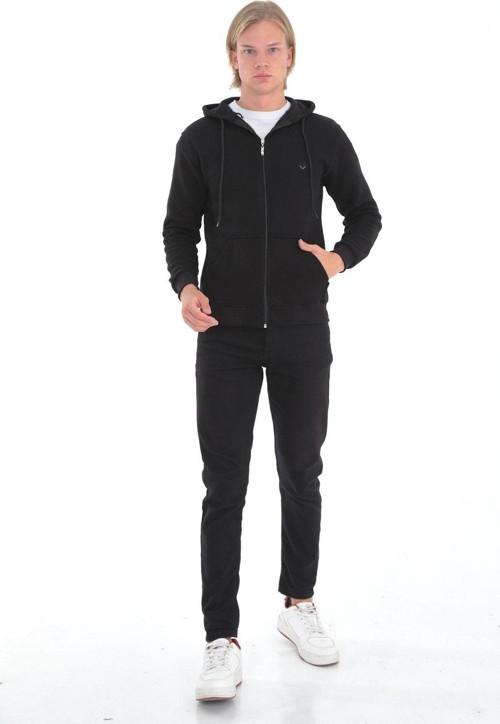 Erkek Siyah Kapşonlu Yaka Şardonlu 2 Iplik Fermuarlı Sweatshirt