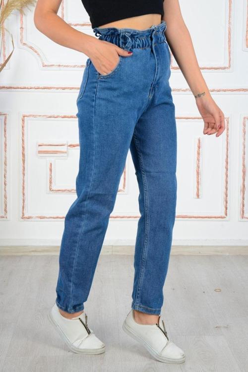 Yüksek Bel Mom Jean Beli Lastikli Denim Mavi