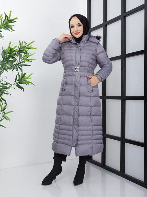 Kadın Fermuarlı Uzun Şişme Mont