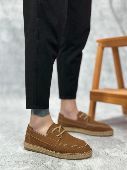 Ba0358 Boa Doğal Deri Tozu Bağcıklı Kauçuk El Yapımı Espadril Taban Taba Renk Erkek Ayakkabı