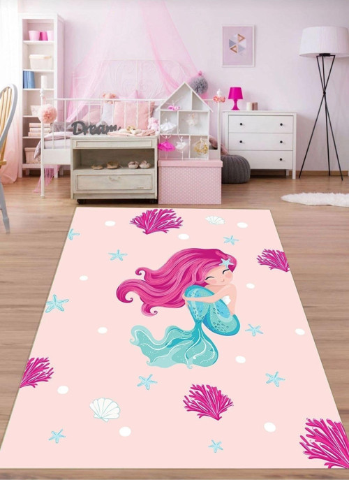 Makinede Yıkanabilir Leke Tutmaz Pembe Pvc Deri Kaymaz Taban Deniz Kızı Çocuk Saçaksız Halı H7205