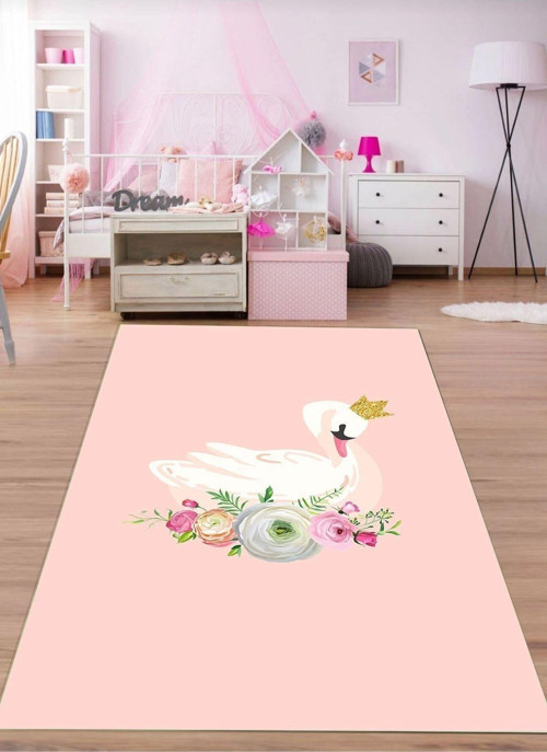 Makinede Yıkanabilir Leke Tutmaz Pembe Pvc Deri Kaymaz Taban Taçlı Kuğu Kız Çocuk Saçaksız Halı H72