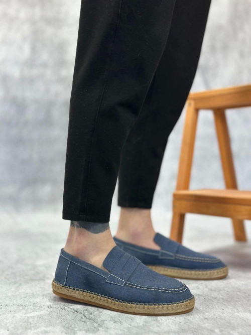 Ba0359 Boa Doğal Deri Tozu Bağcıksız Kauçuk El Yapımı Espadril Taban Mavi Renk Erkek Ayakkabı