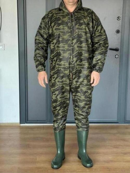 Kamuflaj Desen Pvc Su Geçirmez Kapuşonlu, Çizmeli Boy Tulum
