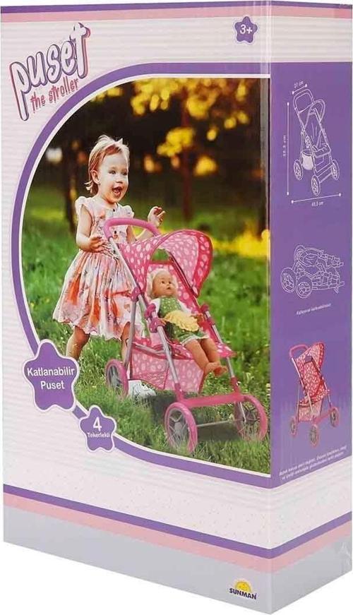 0664 Puantiye Desenli, 4 Tekerlekli ve Tenteli Oyuncak Puset - Sunman