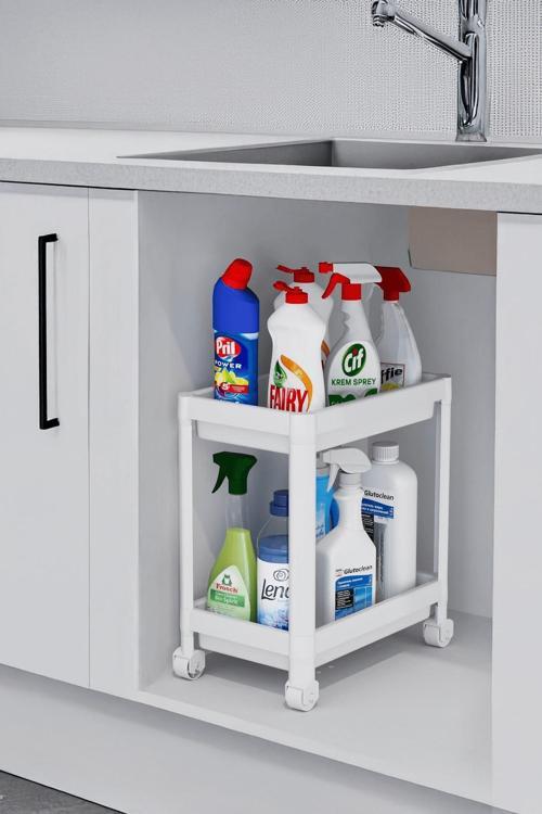 Flex Elite Pro 2 Katlı Beyaz Tekerlekli Çok Amaçlı Banyo & Mutfak Düzenleyici Raf - Evye Altı Deterj