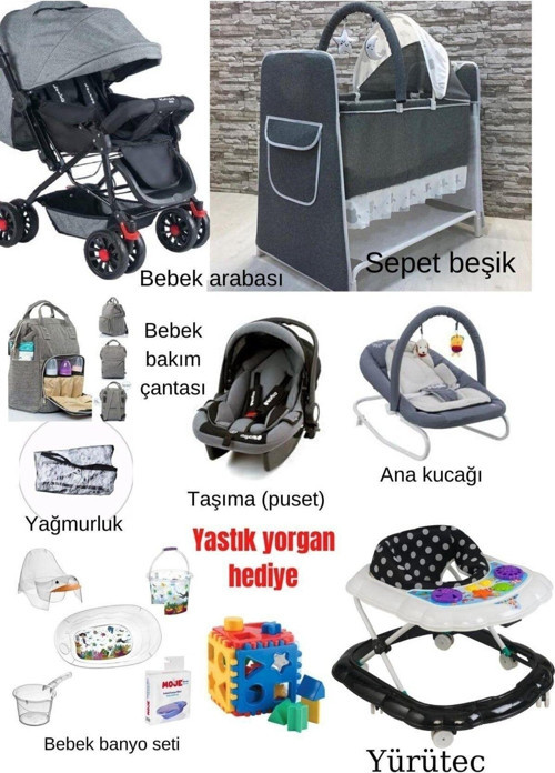 Beşik Bebek Çeyiz Seti 13Parça Çift Yön Bebek Arabası Beşik Ana Kucağı Yürüteç Küvet
