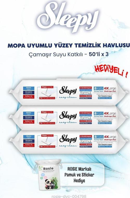 Çamaşır Suyu Katkılı Mopa Uyumlu  Islak Mendil 50'li x 3 ve ROSIE