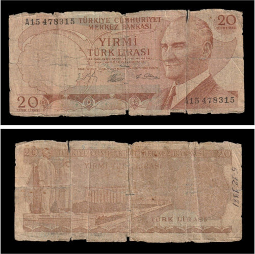 399636861c36c9f7ac 6.emisyon 20Türk lirası A15 Serisi HALİYLE eski kağıt para
