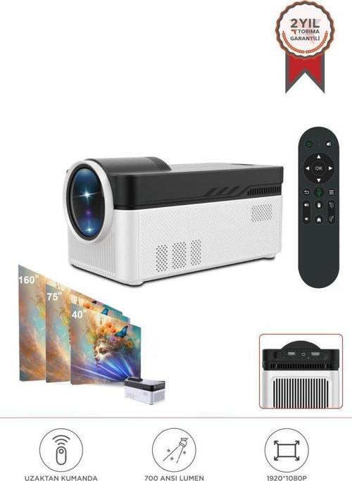 HY450 Beyaz Taşınabilir Ev Sinema Android Akıllı 8K-4K 1080 P BT5.4  Projeksiyon
