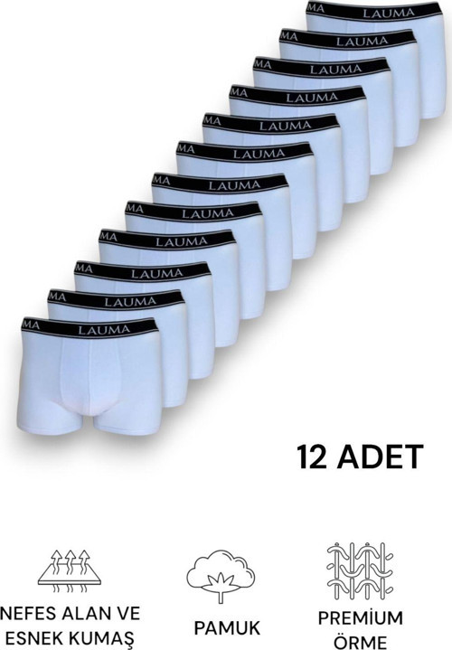 Pamuklu Esnek Likralı Beyaz Erkek Boxer 12'Li Paket