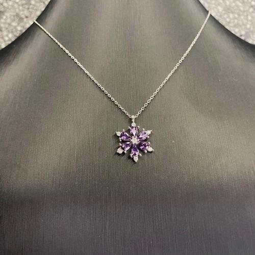 925 Ayar Gümüş Mor Taşlı Lotus Çiçeği  Kolye