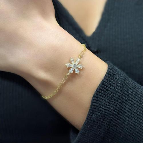 925 Ayar Gümüş Gold Kaplama Beyaz Taşlı Lotus Bileklik
