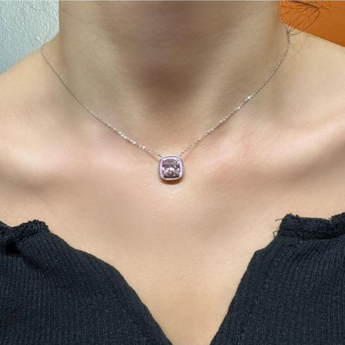 925 Ayar Gümüş Kare Pembe Taşlı Hayalet Kolye
