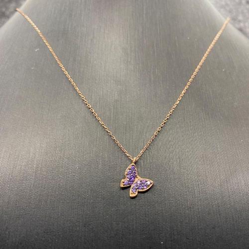 925 Ayar Gümüş Rose Kaplama Mor Taşlı Minimalist Kelebek Kolye