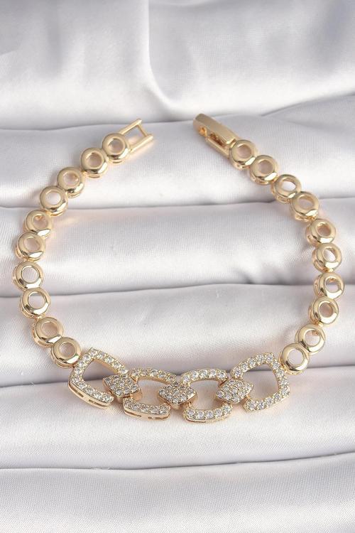 Pirinç Gold Renk Zirkon Taşlı Daire Zincir Model Kadın Bileklik