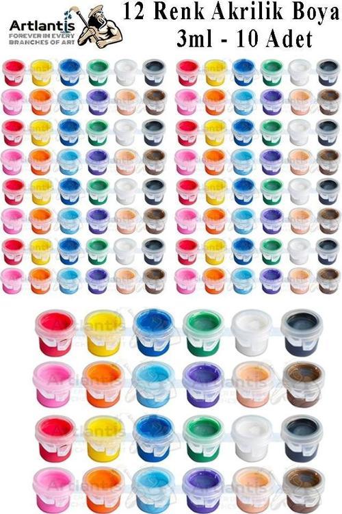 Akrilik Boya 3 ml 12 Renk 10 Paket Mini Küçük Akrilik Boya Taş Ahşap Seramik Tuval Alçı Tuval Etkinlik Boyama Sanatsal