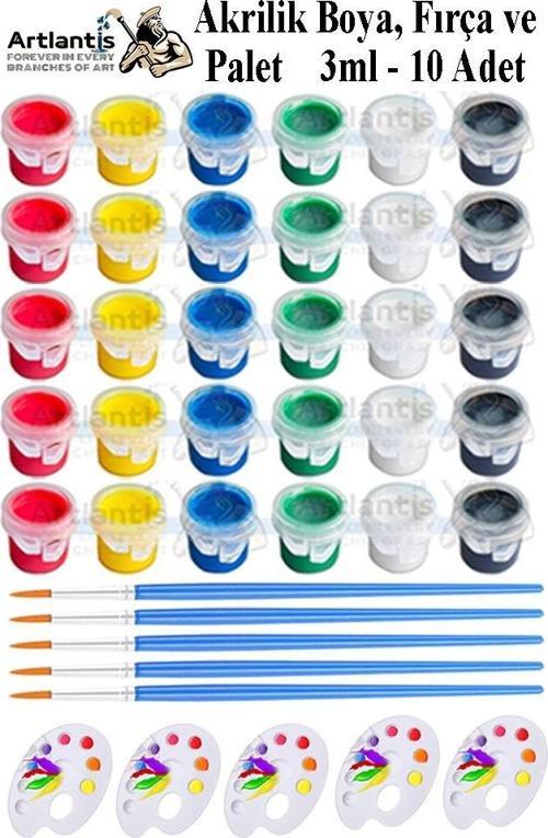 Akrilik Boya 3 ml 6 Renk Resim Fırçası ve Paleti 5 Paket Mini Küçük Akrilik Boya Taş Ahşap Seramik Tuval Alçı Tuval
