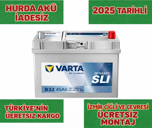 B32 12V 45 Ah Dar Tip Akü. Güncel - Yeni Üretim. - Eski Akü İadesiz