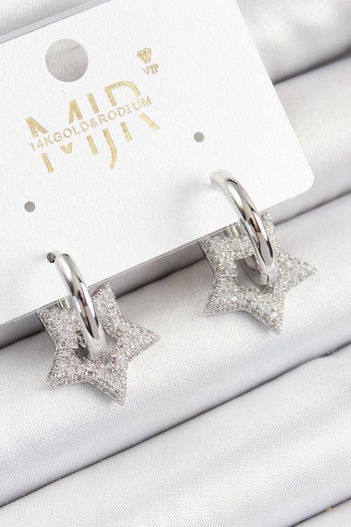 Pirinç Zirkon Taşlı Yıldız Figürlü Halka Model Gümüş Renk Kadın Küpe - EBJ250628W35844