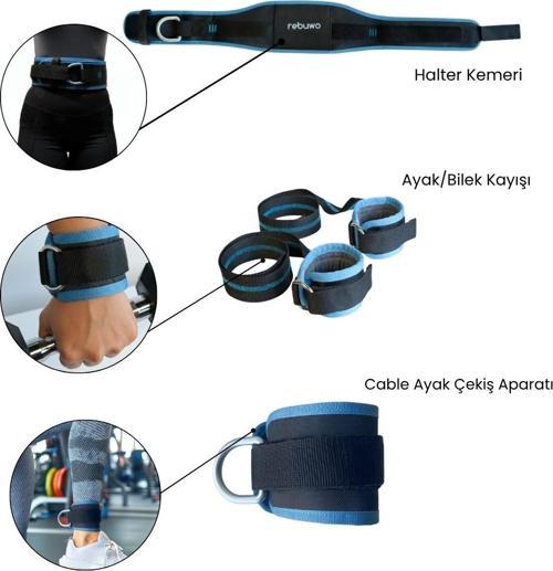 3'lü Fitness Seti | Halter Kemeri(90 cm) + Ayak/Bilek Kayışı + Cable Ayak Çekiş Aparatı