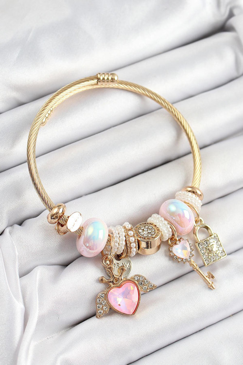 Çelik Pembe Zirkon Taşlı Kilit Anahtar Ve Kalp Model Gold Renk Charm BileklikCharm Bileklik