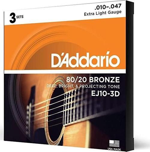 DADDARIO EJ10-3D AKUSTİK GİTAR TEL SETİ, 3'LÜ PAKET, 10-47, 80/20 BRONZE, EXTRA LIGHT