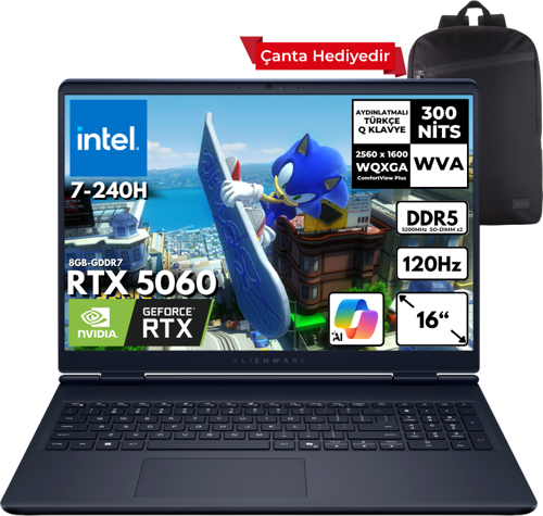 Alienware 16 Aurora 7-240H 64-GBDDR5 2 TBSSD RTX5060 (8GB-GDDR7) 16" 2K WQXGA 120Hz Windows 11 Home + Sırt Çantası AC16250-C716156WHMF8