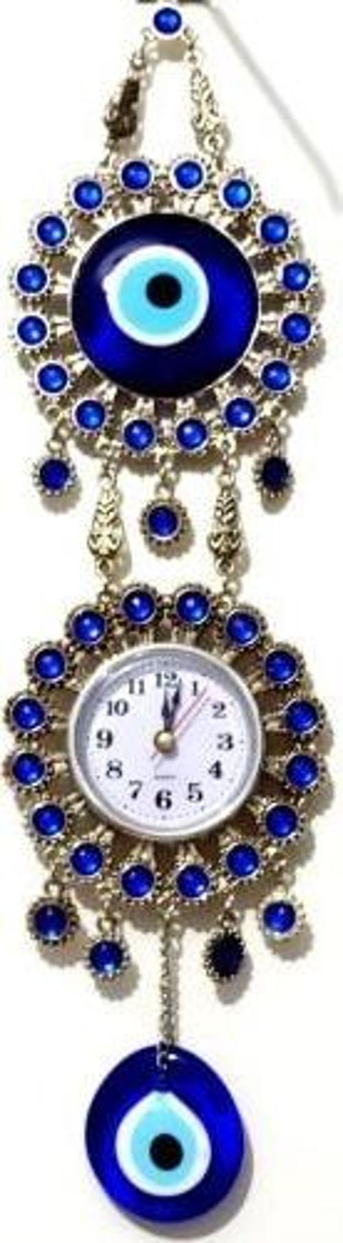 Nikel Zamak Kaplamalı Nazar Boncuklu Gümüş Rengi Mini Duvar Saati