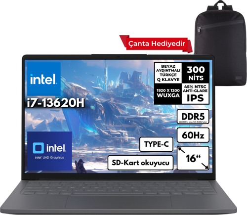 Ideapad Slim 3 i7-13620H 40-GBDDR5 512 GBSSD Intel® UHD Graphics 16" WUXGA Windows 10 Home + Sırt Çantası Notebook 83K2001WTRHMF80