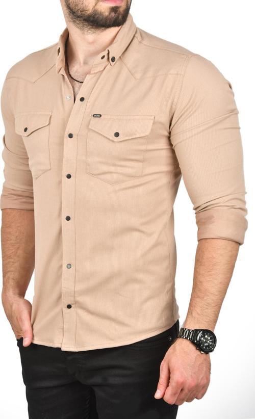 Erkek Kahve Likralı İnce Fitilli Çıtçıtlı Çift Cepli Dar Kesim Gabardin Gömlek 2300421