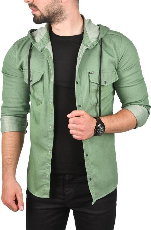 Erkek Yeşil  Kapüşonlu Cepli Slim Fit Likralı Kot Gömlek 2300396