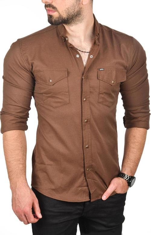 Erkek Koyu Kahve Çıt Çıt Düğmeli Çift Cepli Örme Kumaş Gömlek 2300415