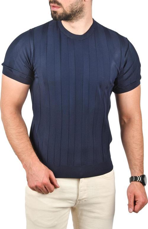 Erkek Lacivert Dar Kesim Pamuklu Triko Tişört Slim Fit Nefes Alan Bisiklet Yaka Tişört 2504348