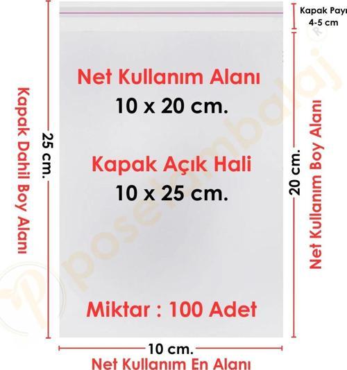 10x20+5 cm.(10x25) 100 Adet Şeffaf Bantlı Yapışkanlı Jelatin Poşet