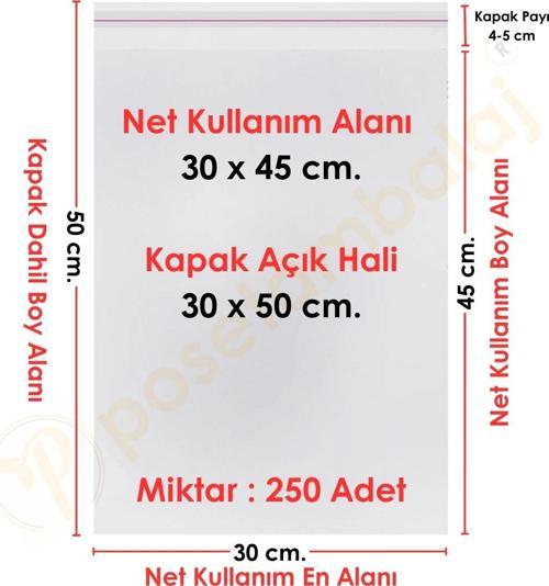 30x45+5 cm.(30x50) 250 Adet Şeffaf Bantlı Yapışkanlı Jelatin Poşet