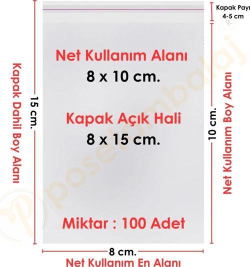 8x10+5 cm.(8x15) 100 Adet Şeffaf Bantlı Yapışkanlı Jelatin Poşet