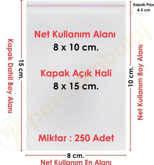 8x10+5 cm.(8x15) 250 Adet Şeffaf Bantlı Yapışkanlı Jelatin Poşet