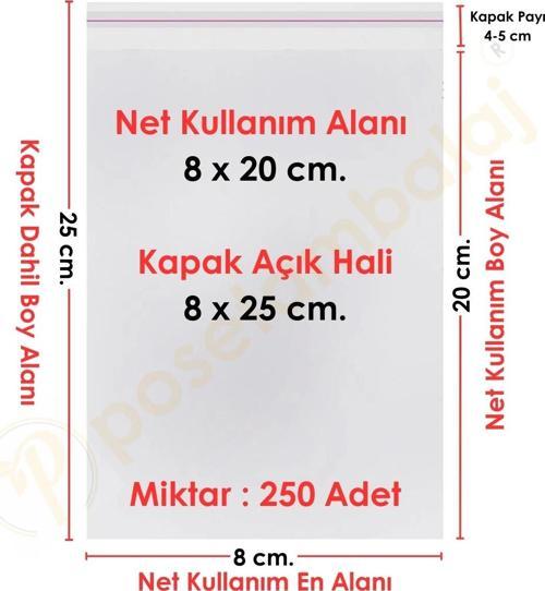 8x20+5 cm.(8x25) 250 Adet Şeffaf Bantlı Yapışkanlı Jelatin Poşet