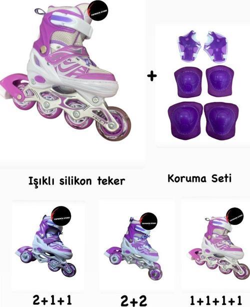 Toprockstore Işıklı Çocuk Pateni Ayarlanılabilir Alıştırma Silikon Tekerli Frenli Metal Gövdeli Paten Dizlik Set 34-37