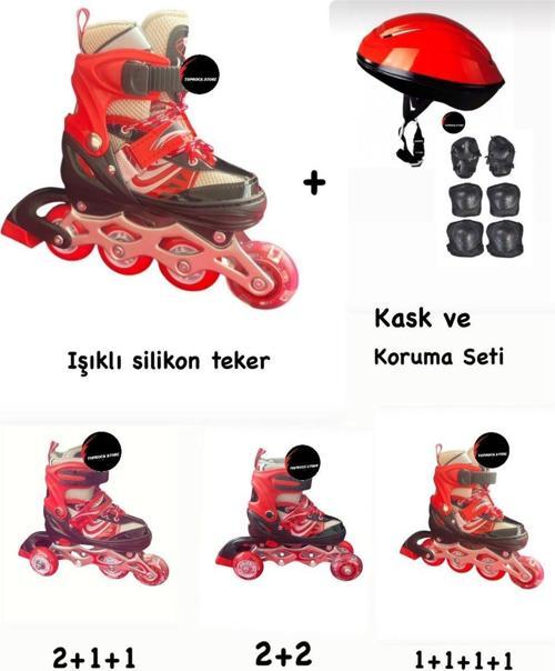Toprockstore Işıklı Çocuk Pateni Ayarlanılabilir Silikon Tekerli Frenli Metal Gövdeli Paten Ve Kask Dizlik Set 30-33