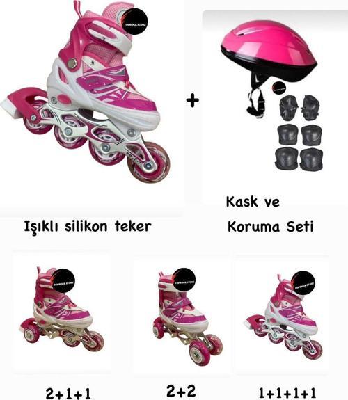 Toprockstore Işıklı Çocuk Pateni Ayarlanılabilir Silikon Tekerli Frenli Metal Gövdeli Paten Ve Kask Dizlik Set 34-37