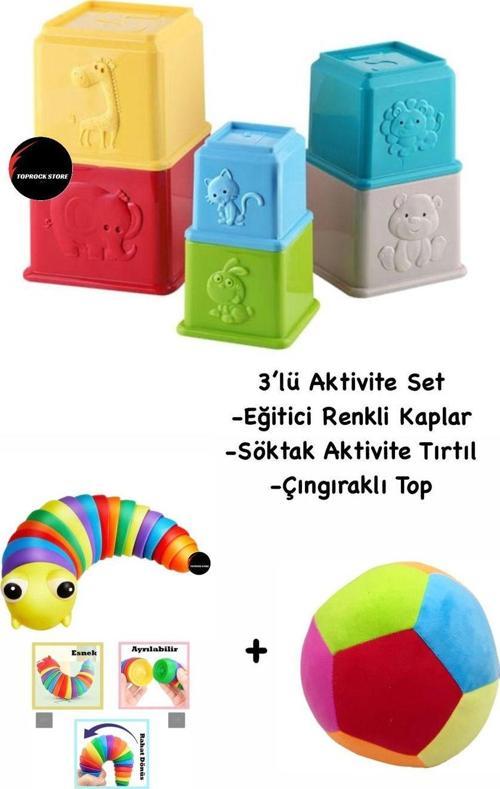Toprockstore Eğitici Renkli Kaplar Zoo Sök Tak Aktivite Tırtıl Çıngıraklı Top 3 Lü Set
