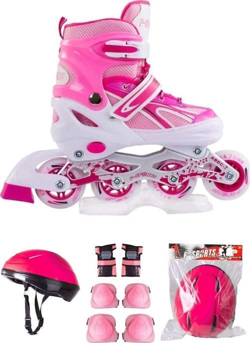 Pembe Çift Sıra Ayarlanabilir Alıştırma Pateni + Kask + Dizlik Seti 30-33