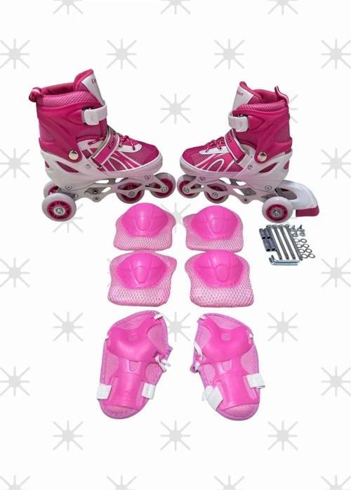 Pembe Ayarlanabilir Işıklı Alıştırma Pateni Dizlik Ve Kolluk Setli 38-41